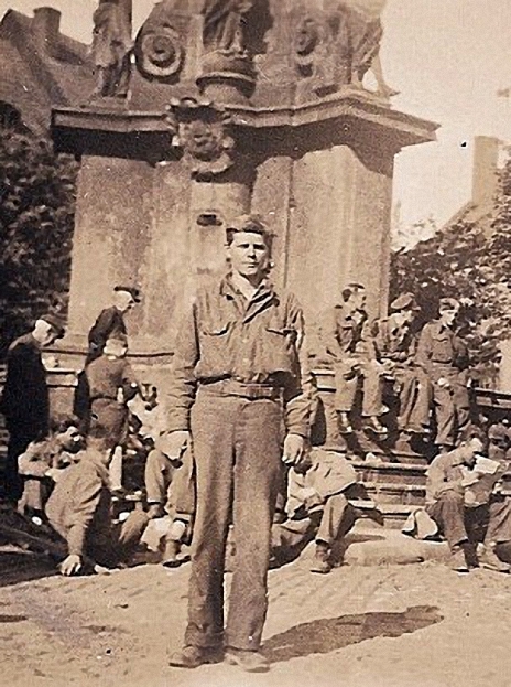 James L. Wynn, a just-released prisoner-of-war, in Lokat, Czech Republic, May 1945.